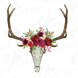 BOHO Floral Elk Skull watercolor clip art, Indian Tribal Elk skull, watercolor digital skull clip art,Elk skull with leafs, floral skull