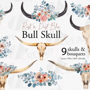 Diseños de calaveras de toro en acuarela, con flores de color óxido y eucalipto azul polvoriento. Elementos de invitación imprimibles prediseñados, flores y calaveras de toro de cuernos largos.