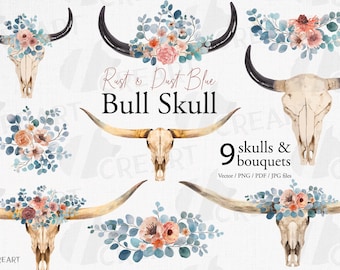 Rust floral and dust blue eucalyptus watercolor bull skull designs. Premade printable invitation elements, flowers & long horn bull skulls.