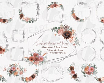 Watercolor Floral Silver Frames & Bouquets: Sunburnt Summer Graphics (PNG, JPG, PDF)