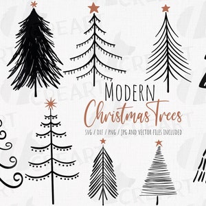 Moderne kerstbomen Clip Art-collectie. Boho-kerstillustraties. Kerstboom snijden SVG-bestanden. Vectoren, png, jpg en dxf.