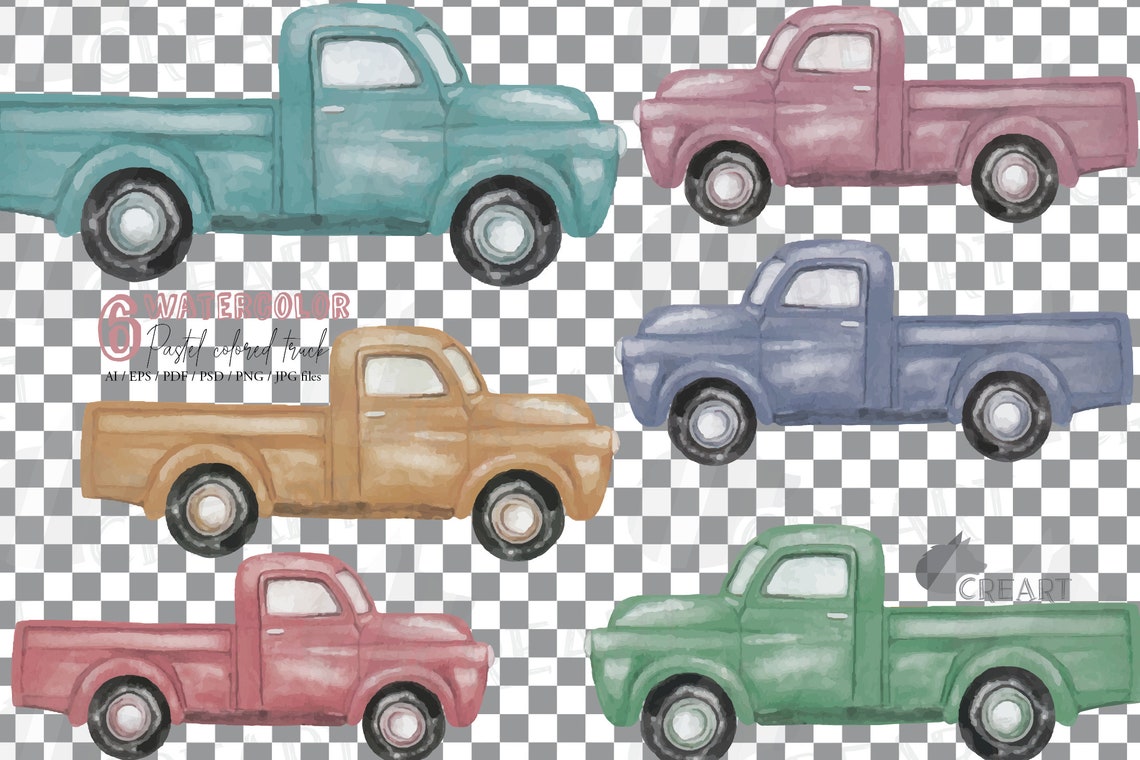 Watercolor Pastel Colored Trucks Clip Art. Printable Pickup - Etsy