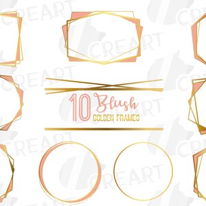 Elegant wedding geometric blush and golden frames, lineal frames clip art, wedding invitation, polygonal frame, crystal frame, vector files
