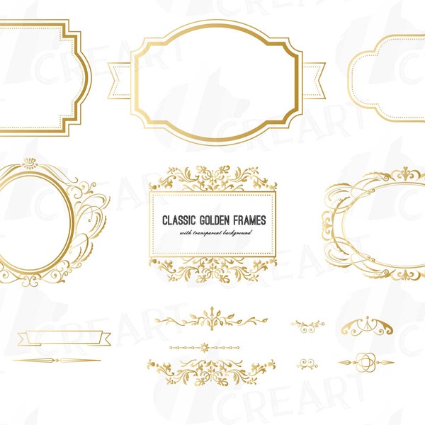 Digital classic golden frames, printable borders clip art pack, digital basic labels, digital stamp, vector illustrator, png, svg, jpg files