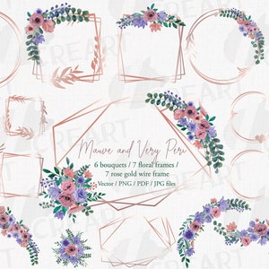 Watercolor Floral Bouquet Clipart: Rose Gold Frames (PNG, JPG, PDF)