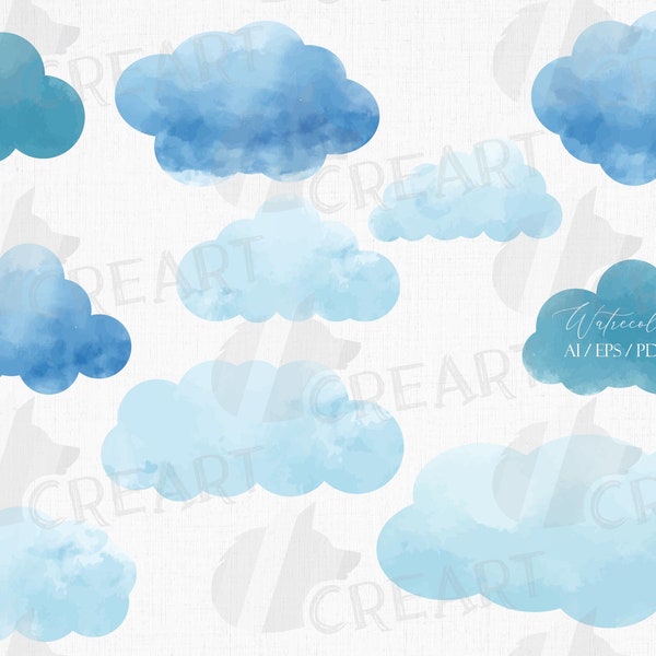 Watercolor clouds Silhouette pack. Eps, png, jpg, pdf, svg, vector illustrator & corel files included, instant download