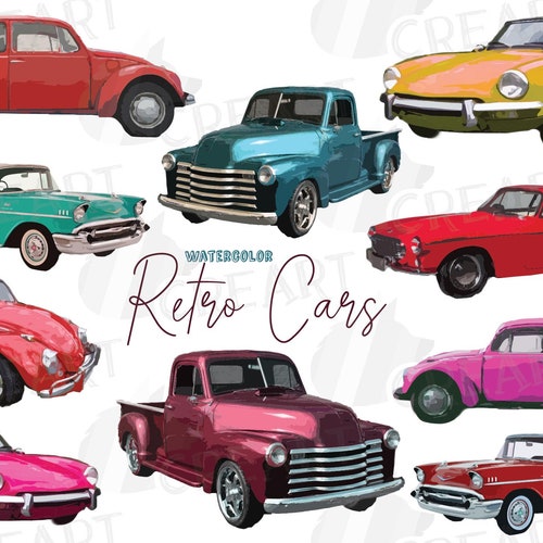 Vintage Cars Decor Clip Art. Watercolor Classic Cars Nursery Etsy