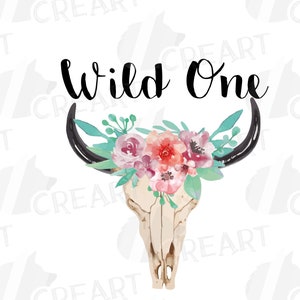 May include: A watercolour illustration featuring a cow skull with black horns, decorated with pink, red, and green flowers. The words "Wild One" are written in black script above the skull.