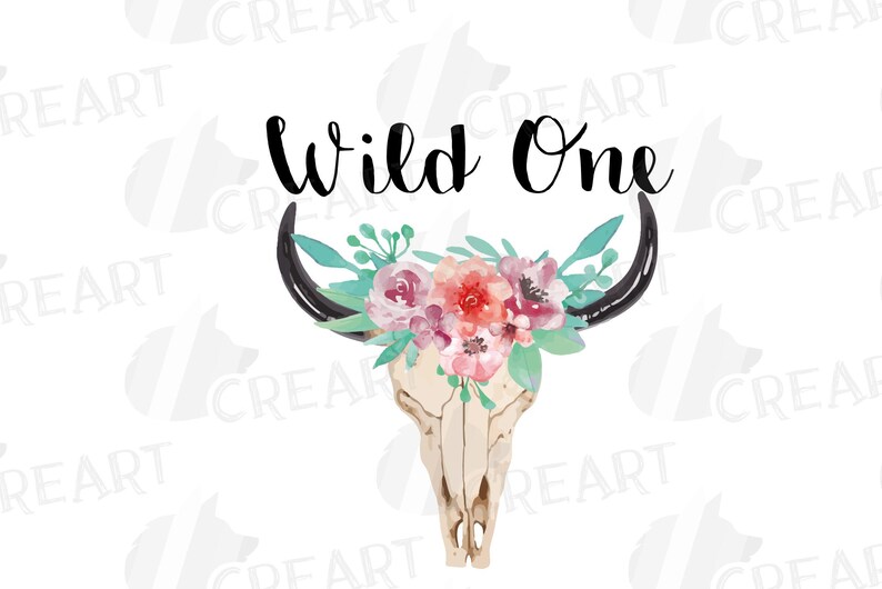 May include: A watercolour illustration featuring a cow skull with black horns, decorated with pink, red, and green flowers. The words "Wild One" are written in black script above the skull.