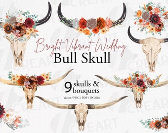 Colors of autumn floral bull skull with eucalyptus. Bohemian bull skull graphic design template. Long horn bull skull & bouquets templates.