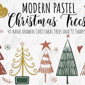 Colección de imágenes prediseñadas de árboles de Navidad y formas en tonos pastel modernos. Ilustración navideña bohemia imprimible dibujada a mano. Adornos navideños SVG.