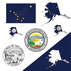Colección de imágenes prediseñadas de mapas, banderas y símbolos del estado de Alaska. Archivos AI, EPS, DXF, PNG y PDF incluidos, descarga instantánea, archivo vectorial, edición sencilla