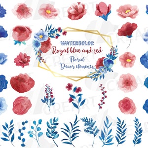 Aquarel koningsblauwe en rode bloemen elementen illustraties. Handgetekende bloemen en takken bruiloft decoratie. Uitnodigingslijst babyshower, png