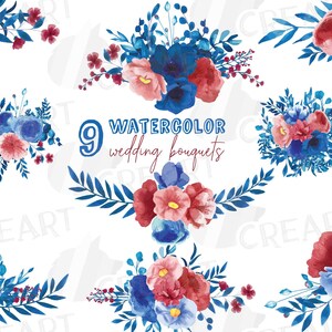 Kleurrijke koningsblauwe en rode bloemen aquarel bruiloft boeketten illustraties. Clipart voor bruidsbloemen uitnodiging. Bruiloft decoratie-elementen.