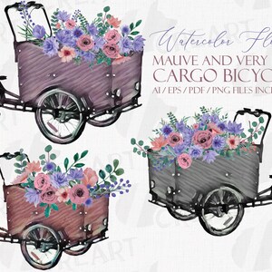 Decorazioni per negozi di fiori con biciclette cargo floreali color malva e molto peri. Bouquet floreale con biciclette cargo, clipart di decorazioni per la casa e le pareti stampabili in bicicletta