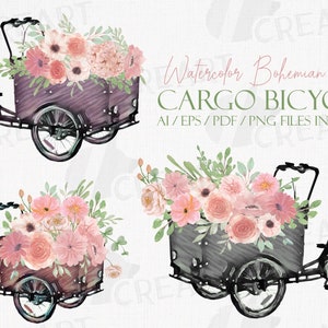 Boho blush rosa blumige Fracht Fahrräder Blumenladen Dekor. Blumenstrauß mit Cargo-Bakfiets, Radfahren druckbare Haus- und Wanddekor-Clipart.
