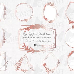 Rose Gold geometrische florale Silhouette Rahmen Clip Art. Hochzeit Blumenbordüren svg. Designvorlagen für Hochzeitseinladungen. Polygonale Auflagen.