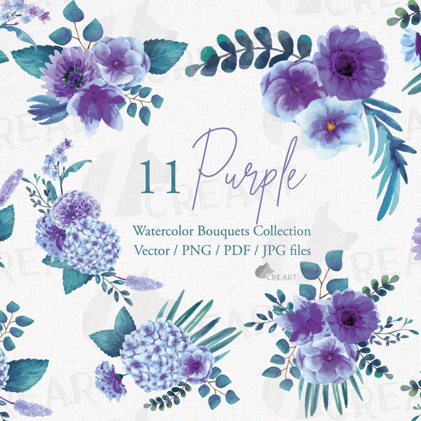 Watercolour Purple and green floral bouquets invitation design collection. Watercolor pre-made wedding templates, flowers home decorations.