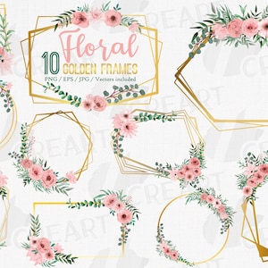 Blush Aquarell floral goldene Hochzeit Rahmen Clip Art, rosa Blumen und grüne Zweige Dekoration, Blush und Gold Boho Design Elemente.