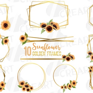 Modèles de cadre doré géométrique tournesol élégant aquarelle. Bordures de mariage tournesol, éléments floraux imprimables de décoration d'été et d'automne.