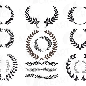 Laurel wreath monogram frames clipart. Wedding wreath clip art. Invitation elements clip art. Leaf circle svg. Floral wreath silhouette png.