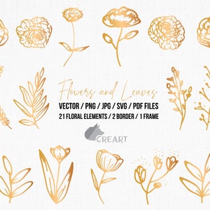 Gouden bloemen en bladeren illustraties. Bloemen gouden frame en randoverlay. Gouden blad bloemen decor. Handgetekende bruiloft bloemen svg.