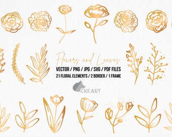 Golden Flowers and Leaves Clip Art. Floral Gold Frame and Border Overlay  Design. Gold Foliage Flowers Decor. Hand Drawn Wedding Flowers Svg. 