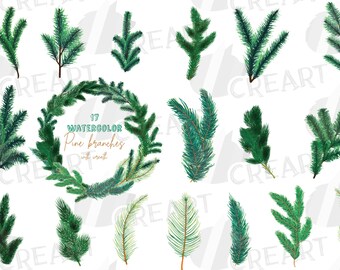 Watercolor Pine Branches Clipart: Winter Wreath Template (PNG, SVG, EPS)