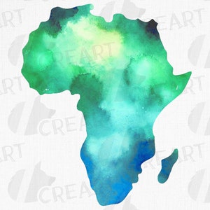 Imágenes prediseñadas de mapa de África en acuarela, arte de pared del continente madre verde y azul, gráficos de mapas de viaje imprimibles digitales, Madagascar incluido.