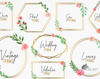 Images clipart cadres floraux : mariages dorés, bordures géographiques (téléchargement numérique)