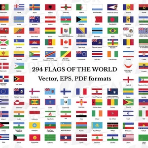Coleção de bandeiras do mundo com clip art. Bandeiras de todos os países e uniões para impressão com nomes, arquivos EPS, Illustrator e PDF, bandeiras nacionais.