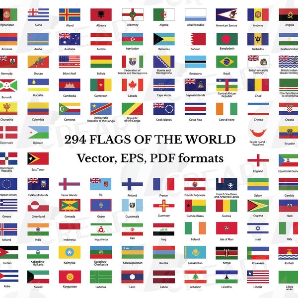 Flags collection of the world clip art. All countries and unions printable flags with names, EPS, Illustrator and PDF files, national flags.