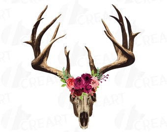 Floral Deer Skull Watercolor Clipart: Tribal Indian Design (Digital Download)
