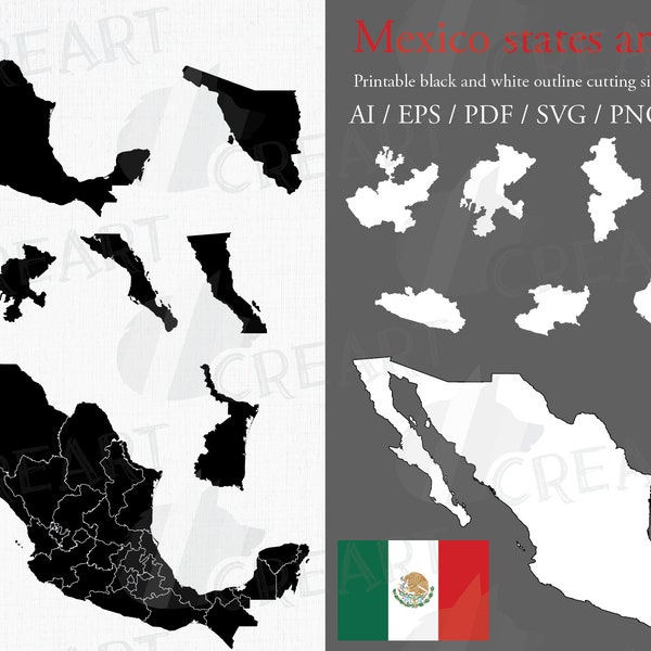 Mexico & 31 States printable vector black and white silhouette maps, Mexico City map and flag included, home and wall decoration clip art