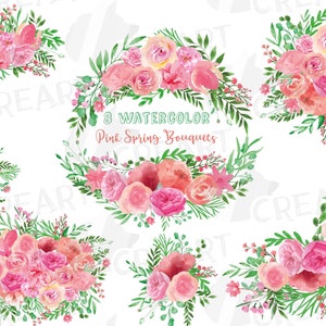 Spring pink watercolor wedding bouquets, floral bouquets clip art, pink flowers with green leaves, wedding decoration clip art, diy invite