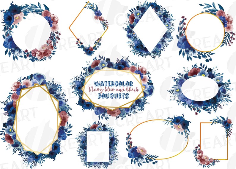 Watercolor elegant navy blue and blush floral borders flowers wedding decor png /& vectors elegant wedding pink and blue floral frames