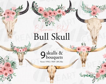 Blush watercolor boho floral bull skull design template. Floral bull skull with watercolor blush pink flowers, green leaves for sublimation.