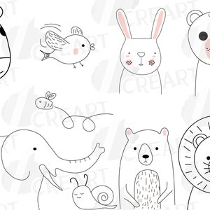 Baby dierenvrienden lijn illustratie, minimalistische afdrukbare transparante abstracte dieren, doodle dieren, kawaii dieren svg, schattige dieren