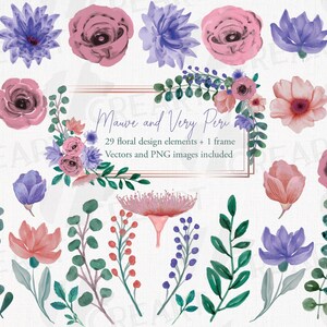 Watercolor Floral Clip Art: Mauve & Peri Flowers (PNG, SVG, EPS)