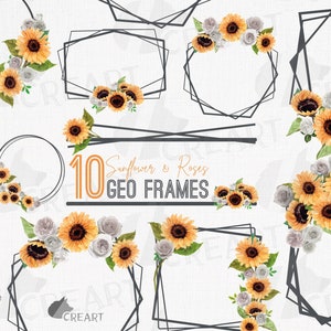 Watercolor Sunflower & Roses Geometric Frames: Floral Wedding Borders (PNG, JPG, SVG)