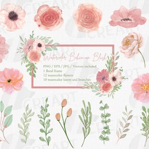 Blush watercolor floral wedding clip art, bridal pink flowers and green branches, blush frame with printable design elements for decoration.
