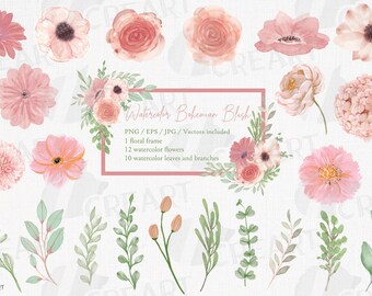 Blozen aquarel bloemen bruiloft illustraties, bruids roze bloemen en groene takken, blozen frame met afdrukbare ontwerpelementen voor decoratie.