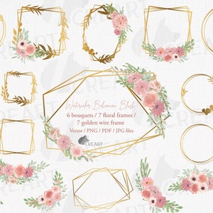 May include: A set of 17 digital illustrations featuring watercolour floral bouquets and gold geometric frames. The bouquets are in shades of pink and green, and the frames are in a shiny gold finish. The illustrations are perfect for adding a touch of elegance to wedding invitations, greeting cards, and other creative projects.