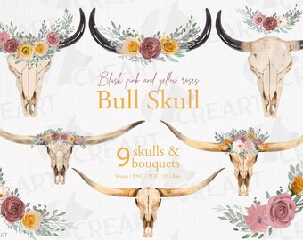 Blush pink & yellow watercolor bull skull, floral bouquets design. Premade pastel color invitation template, flowers home decoration clipart