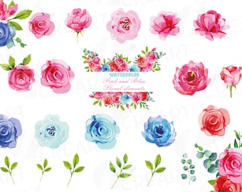 Watercolor Pink and Blue Roses and leafs clip art pack, roses and leafs. Eps, valentine clip art, valentine roses png, jpg, svg, vectors