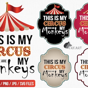 Dit is mijn circus Dit zijn mijn apen grappige verjaardagscadeau illustratie. Illustraties moederdagshirt, circusfeest, grappig moedersleven, png.