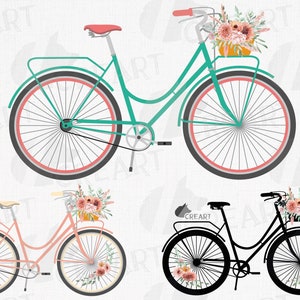 Floral Bicycle Clipart: Watercolor Bike Graphics (Digital Download)