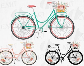 Floral Bicycle Clipart: Watercolor Bike Graphics (Digital Download)