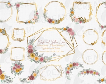 Watercolor Roses Clipart: Golden Frames, Floral Bouquets (Digital Download)