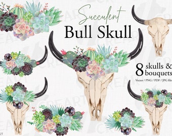 Succulent garden bull skull watercolor floral design collection. Premade succulent bouquets invitation, gift and succulent home decoration.